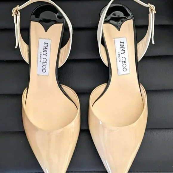 Jimmy Choo Women Patent Leather Pointed Colorblock Slingbacks Beige/Blk - Picture 5 of 10